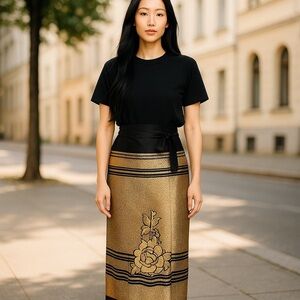 Vintage Black and Gold Patterned Embroidered Wrap Skirt